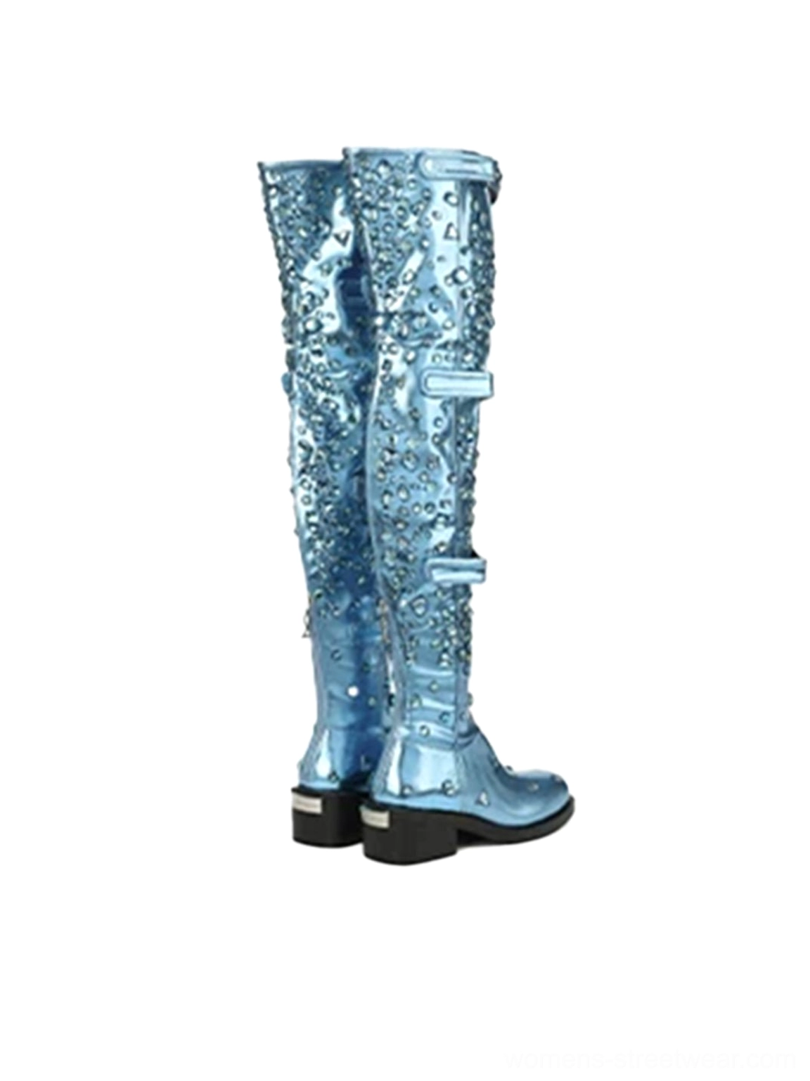 Rear-side view of electric blue metallic over-the-knee boots showing multiple buckle straps and a textured embellished finish