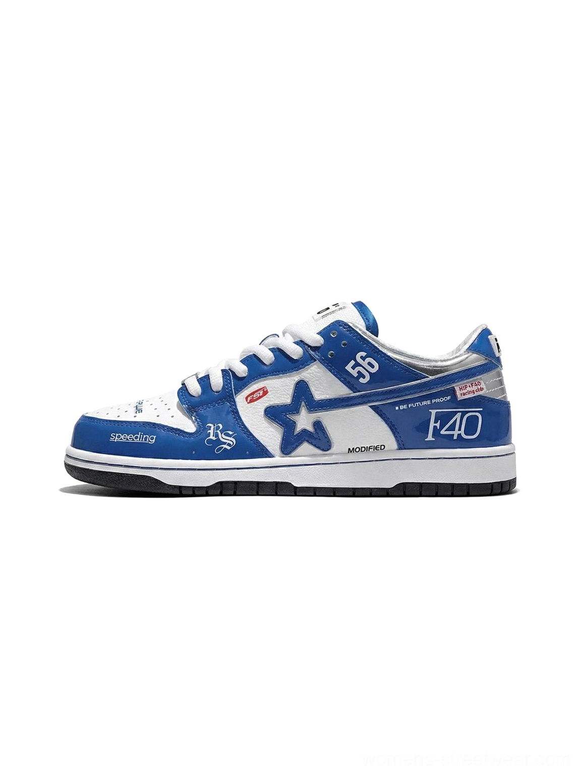 Electric blue retro racing platform sneaker shown from the left side with glossy blue and white upper, silver details, star logo, F40 and speeding graphics