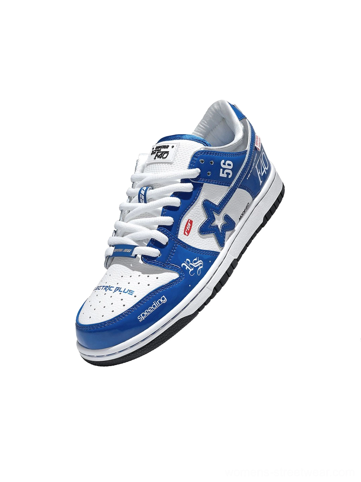 Angled front top view of an electric blue retro racing sneaker with white flat laces, number 56, speeding text, and glossy streetwear upper