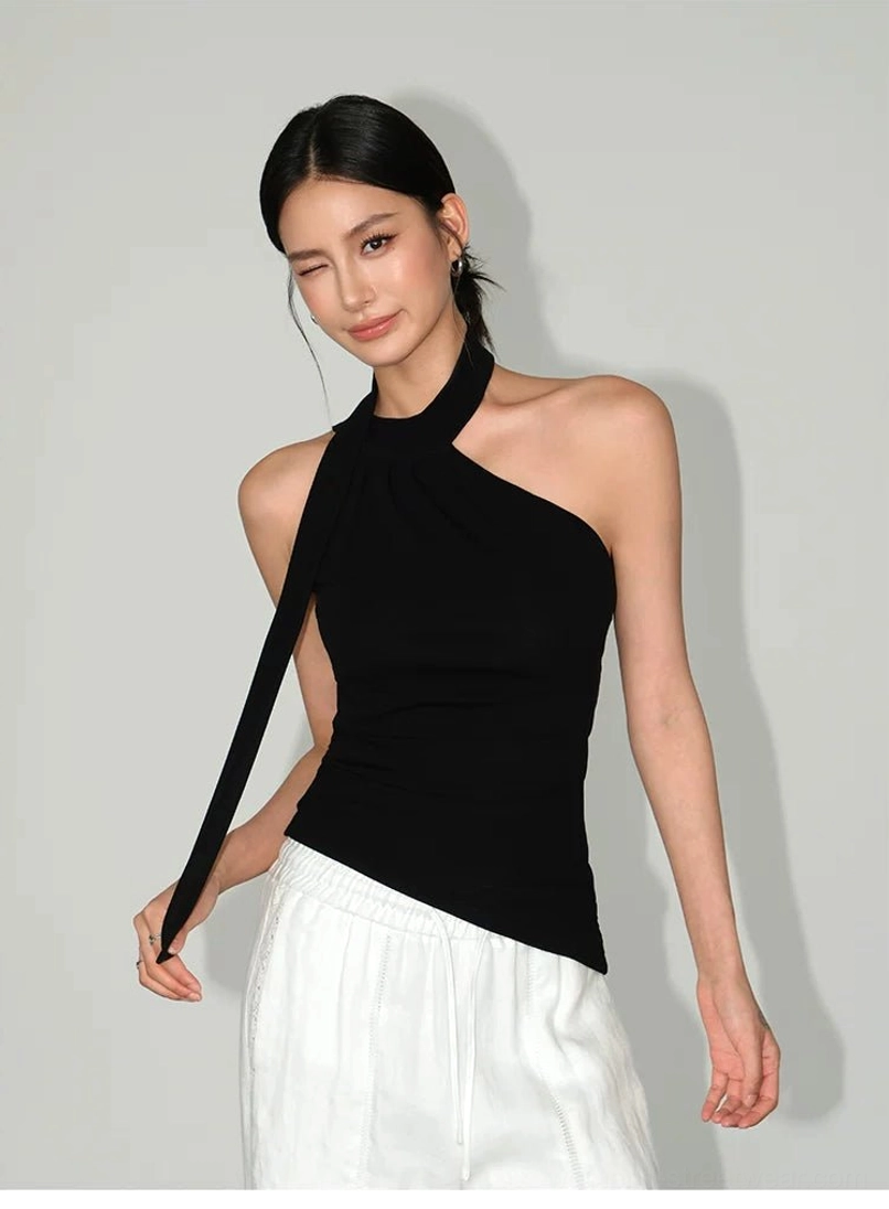 Elegant draped halter knit top for women with close fit, ruched torso, and modern East Asian fashion influence