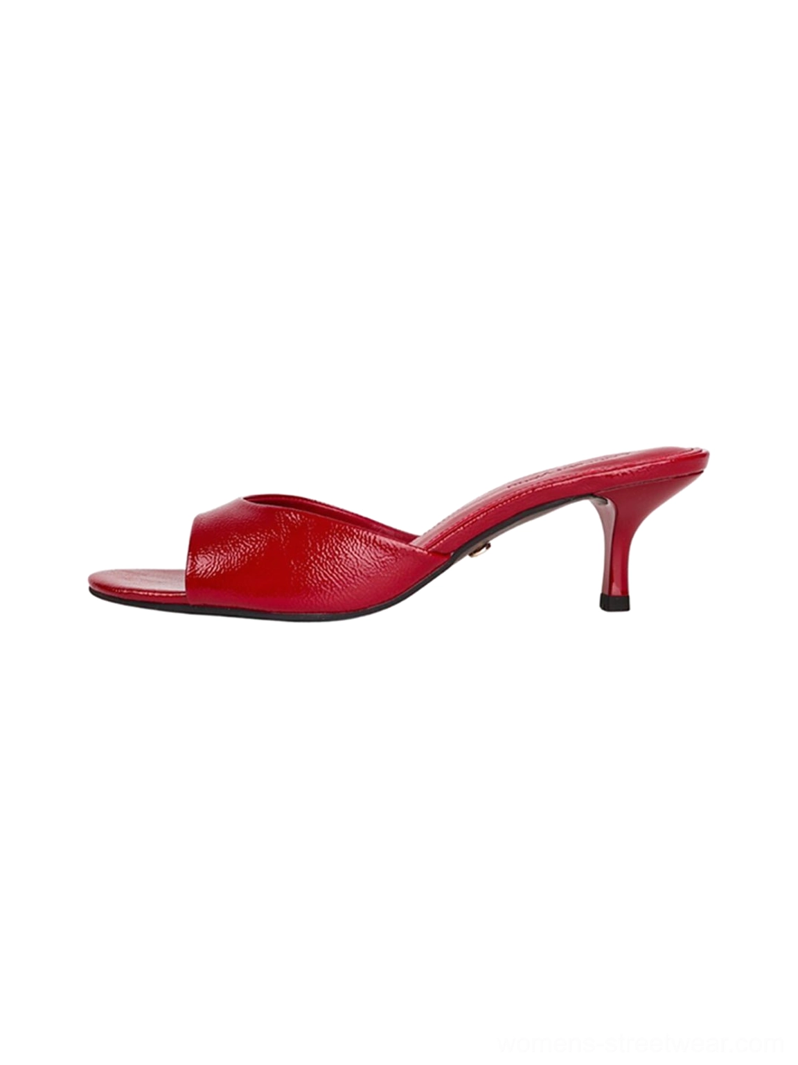 Elegant open-toe kitten-heel mule sandals with polished patent-look finish and modern silhouette