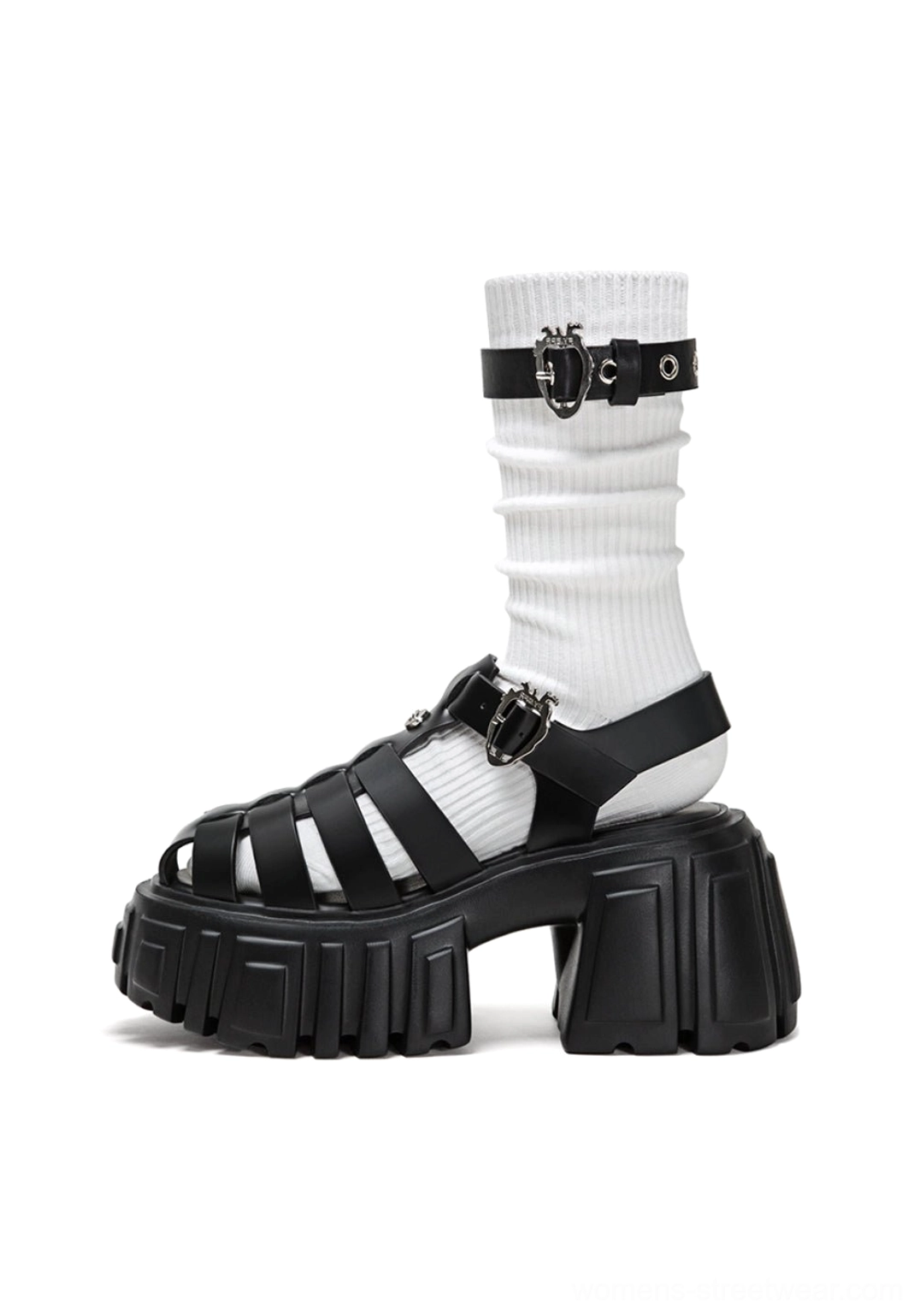 Elevated Roman platform sandals for women styled with cargo pants, oversized denim, skirts, and layered socks