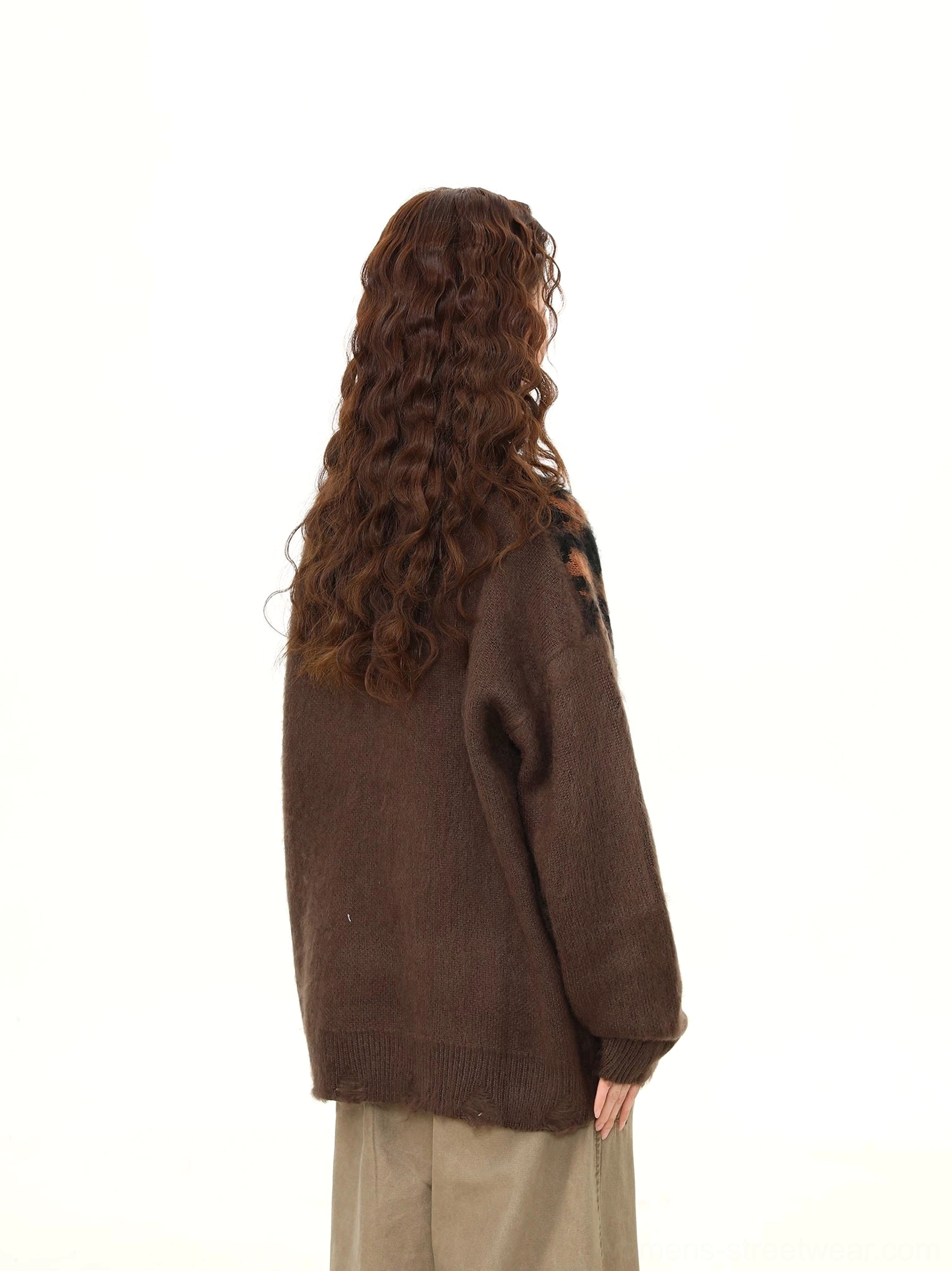 Back view of oversized dark brown crewneck knit sweater with dropped shoulders and subtle shoulder print detail