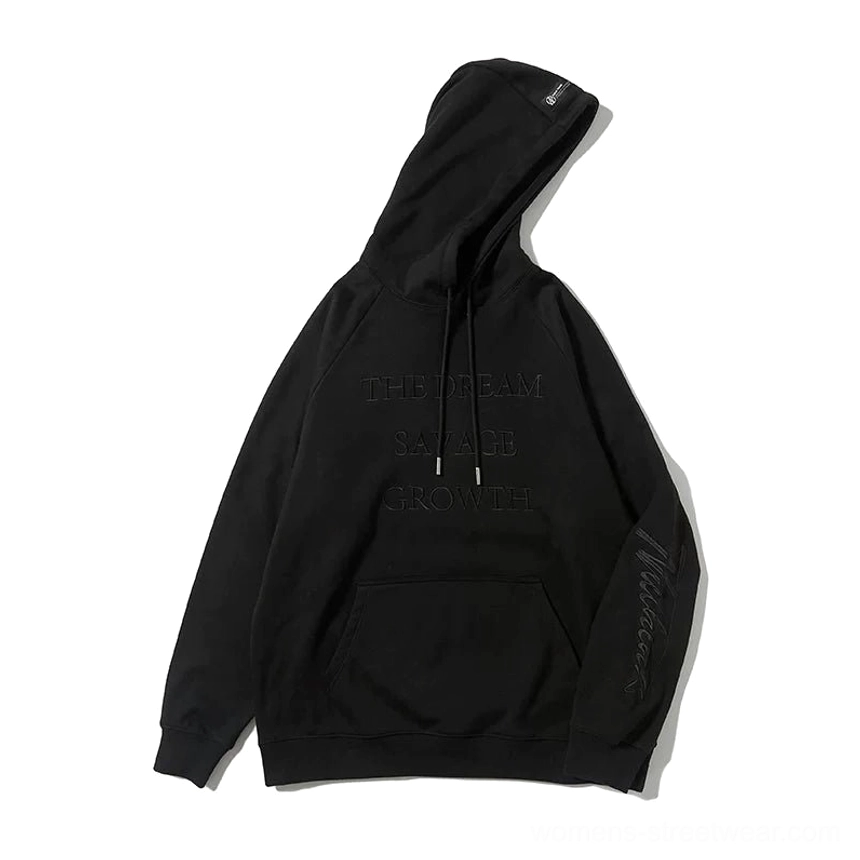 Embossed lettering oversized streetwear hoodie product image with drawstring hood, kangaroo pocket, and relaxed fit