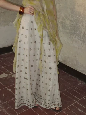 Embroidered natural grey linen-blend wide-leg pants with vintage bronze bead details and flowing streetwear silhouette