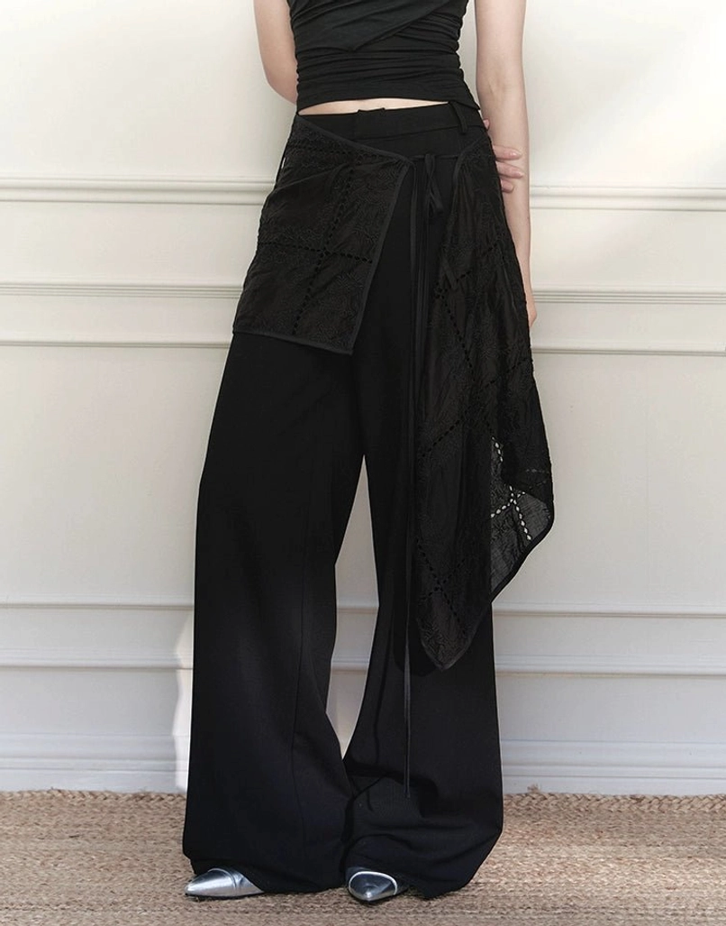 Embroidered wrap skirt wide-leg streetwear trousers with high waist and asymmetric layered overlay detail