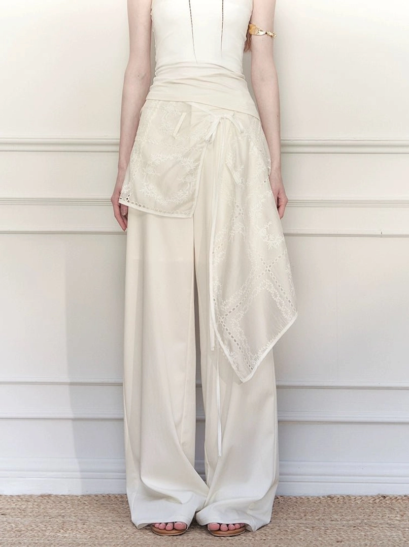 White embroidered wrap skirt wide-leg streetwear trousers with a strapless top and floral openwork apron overlay