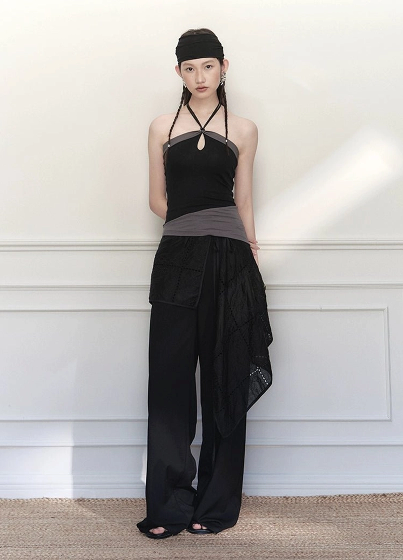 Embroidered wrap skirt wide-leg trousers featuring floral embroidery, adjustable waist tie, and flowing wide legs