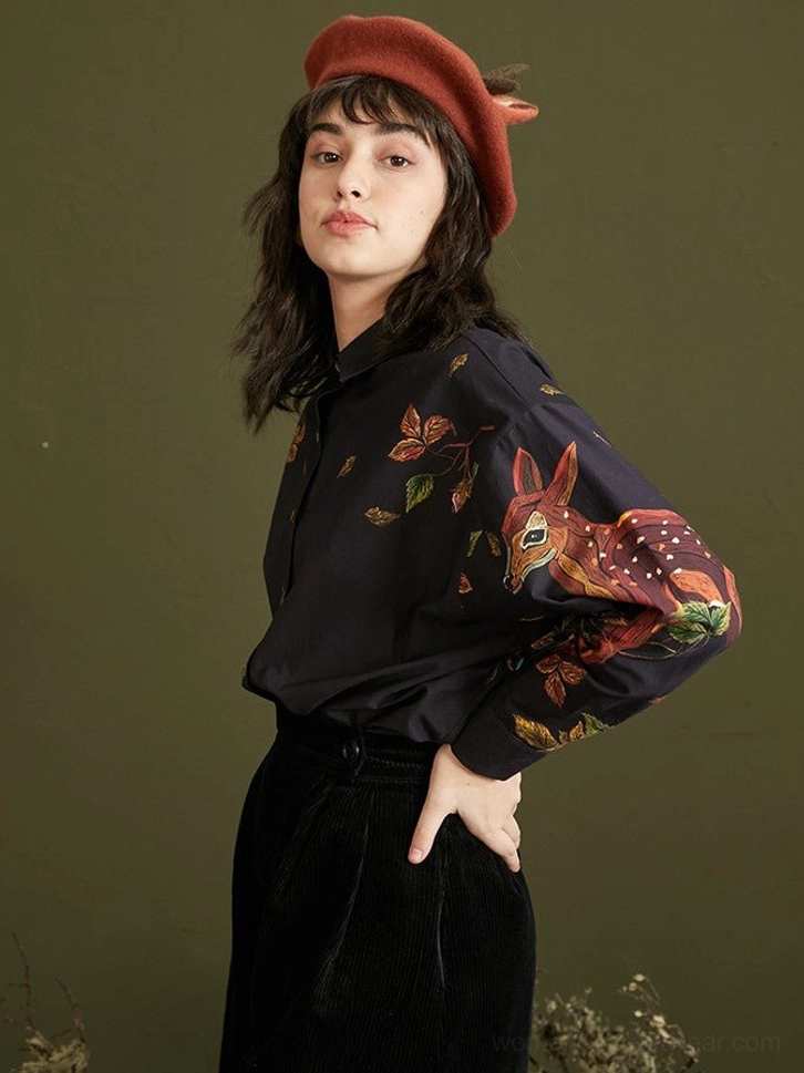 Navy woodland deer print cotton button-up blouse colorful botanical illustration product detail