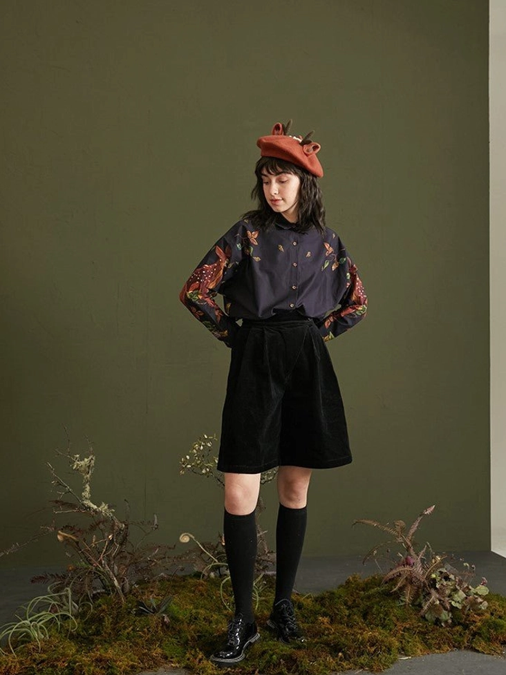 Enchanted forest deer print long-sleeve cotton blouse with button cuffs additional view
