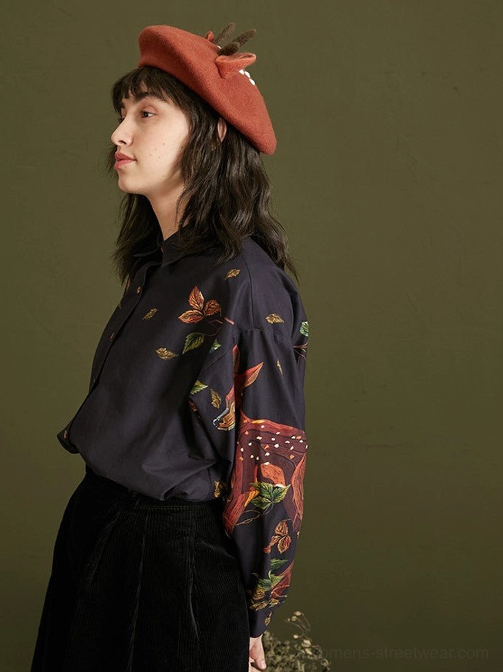Woodland fawn and botanical print navy cotton button-up blouse additional fashion detail view