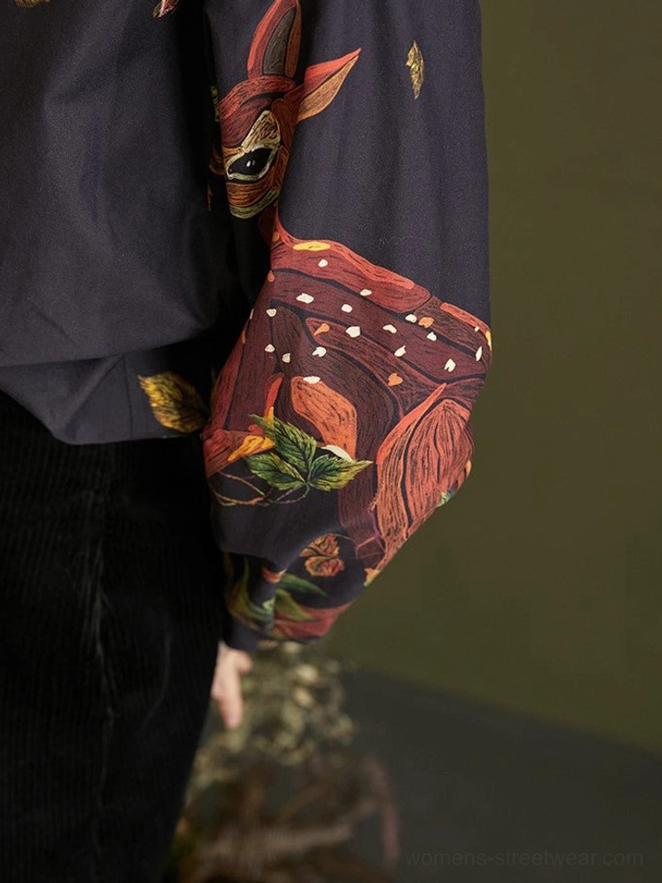 Enchanted forest deer print cotton button-up blouse navy woodland streetwear product detail view