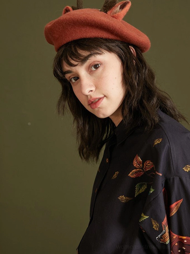 Navy fawn and foliage print enchanted forest cotton button-up blouse additional product view