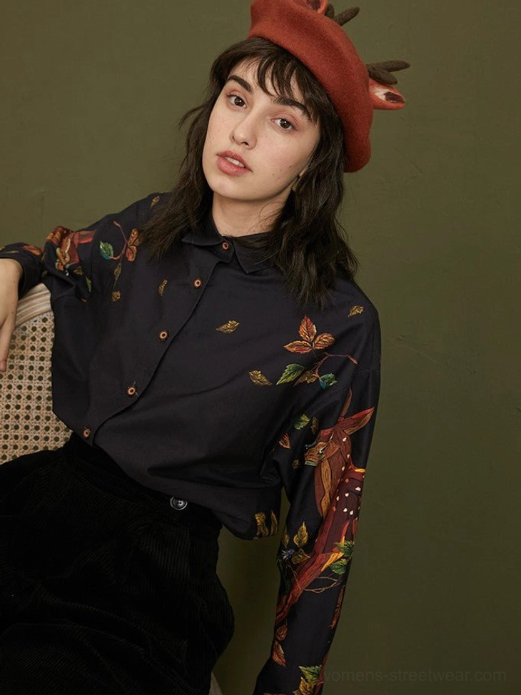 Enchanted forest deer print cotton button-up blouse classic collar and long sleeve product view