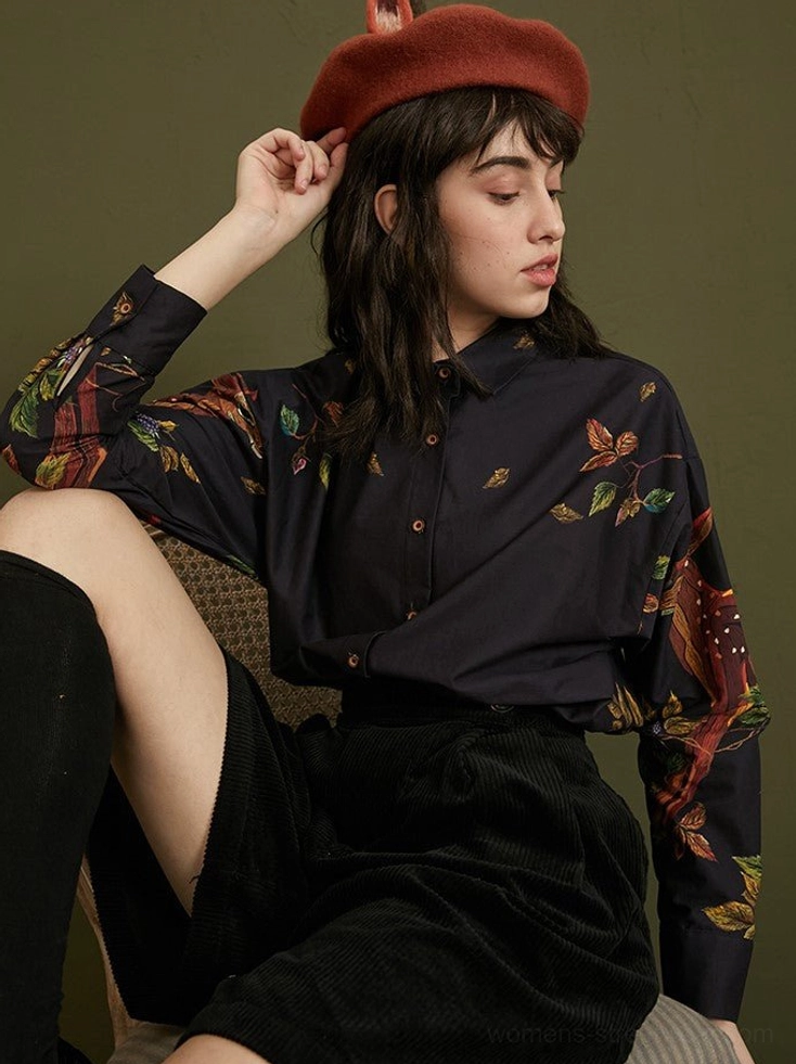 Fawn motif and leaf print navy cotton button-up blouse relaxed streetwear fit product image