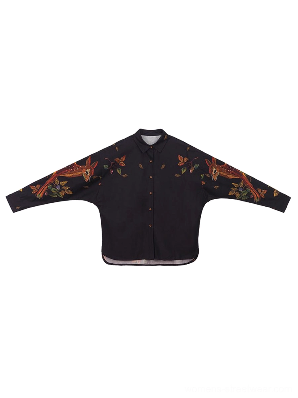 Enchanted forest deer print cotton button-up blouse navy fawn and foliage shirt size variant image