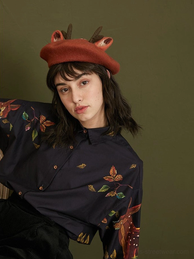 Enchanted forest deer print cotton button-up blouse woodland-inspired streetwear additional view