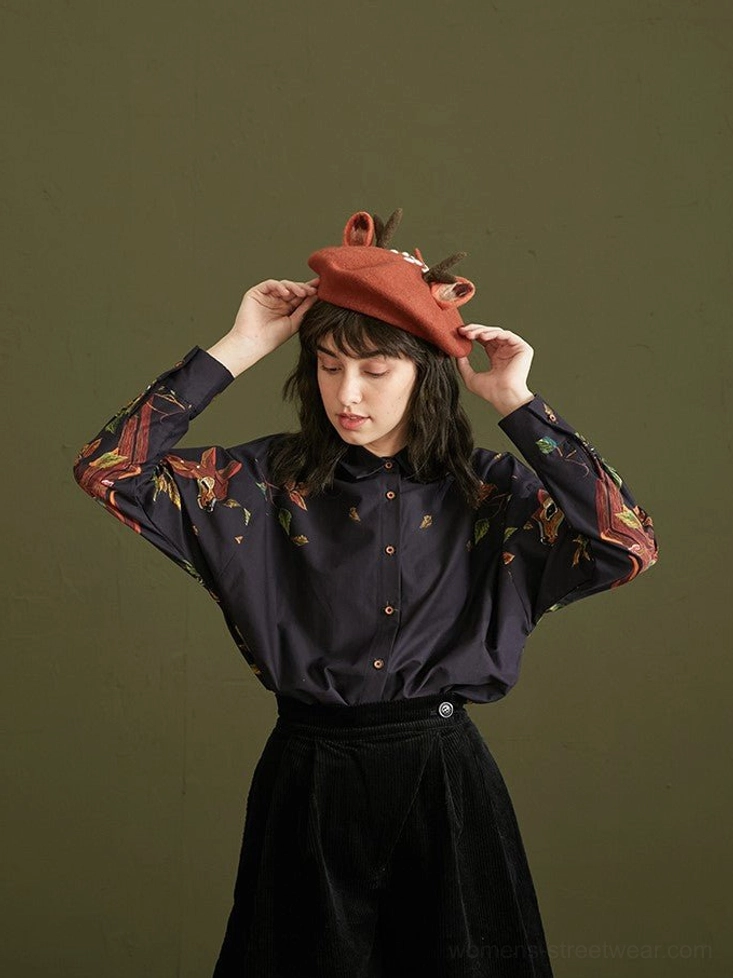 Enchanted forest deer print long-sleeve cotton blouse with relaxed fit additional style view
