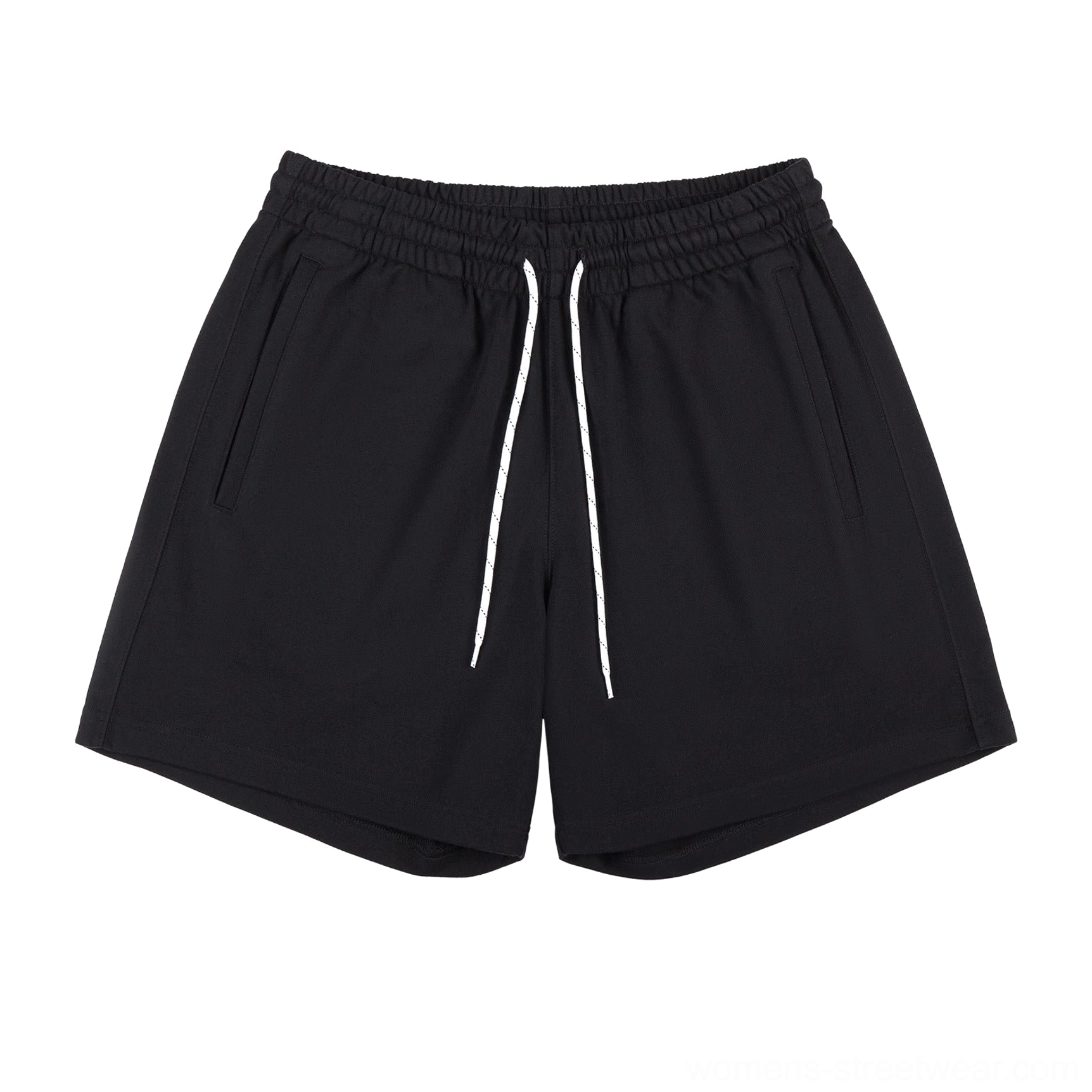 Black oversized cotton blend sweat shorts with white drawstring, elastic waist, and side pockets