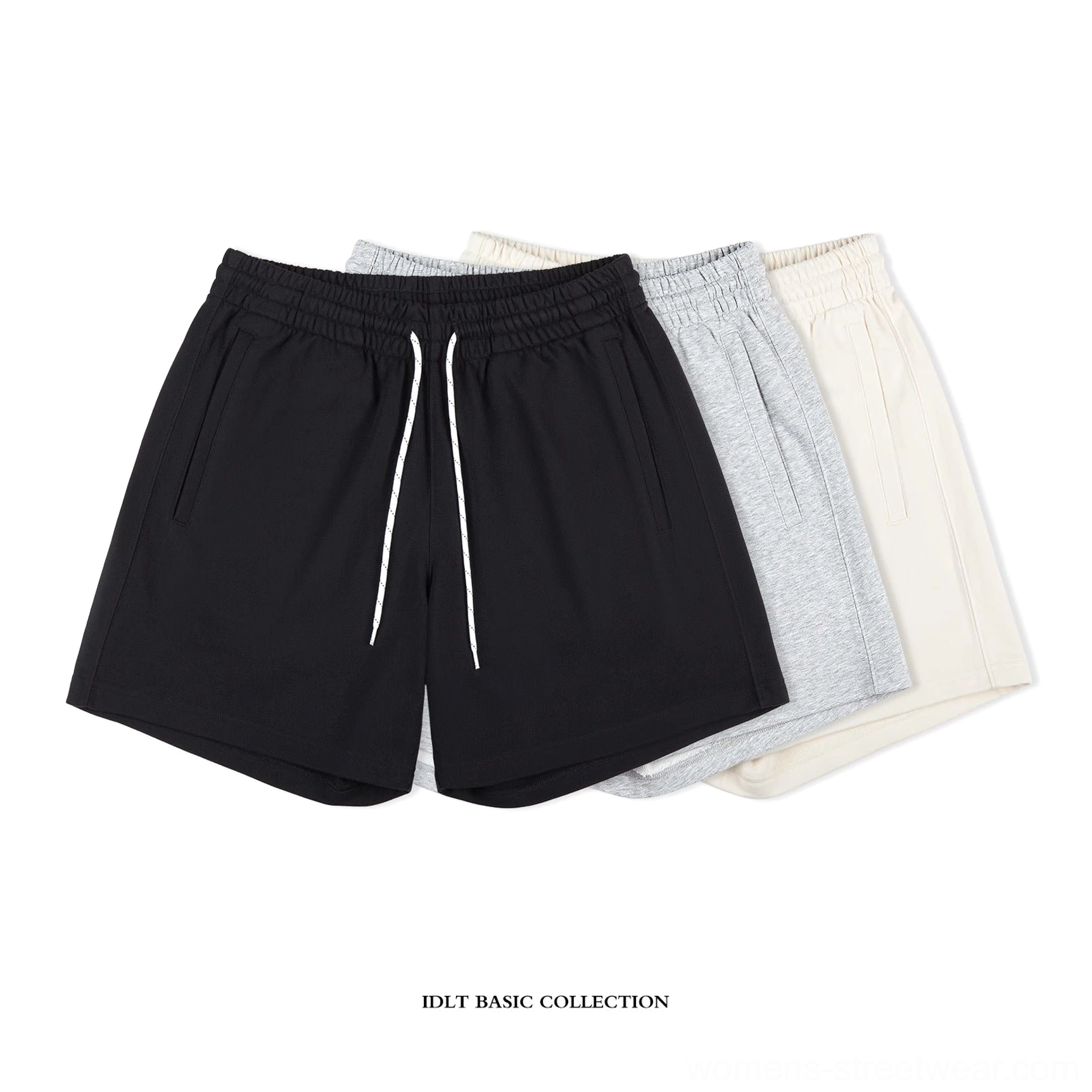 Essential cotton sweat shorts collection in black, heather gray, and apricot cream with relaxed streetwear silhouettes