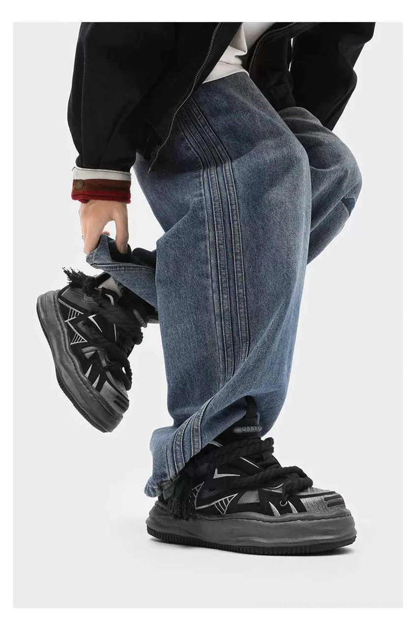Everyday distressed streetwear sneakers with EVA cushioned platform sole, round toe, textured rubber traction, braided rope laces, and layered geometric panels