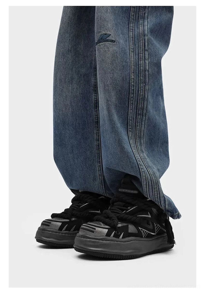 Experimental rope-lace chunky footwear with weathered sole detailing, layered microfiber upper, mesh textile accents, and an expressive avant-garde silhouette