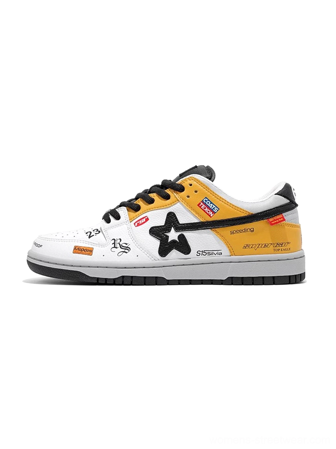 White and yellow Explosion Star low-top skate sneaker side view with black star logo, black laces, contrast yellow panel, and black traction outsole