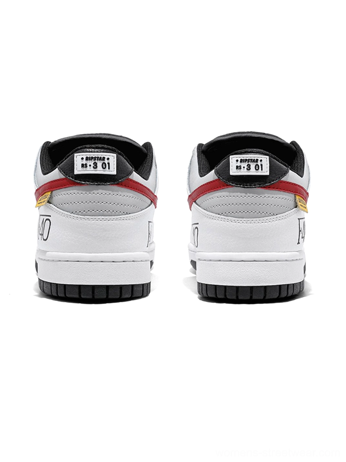 Rear view of white and red Explosion Star low-top skate sneakers showing contrast heel pull tabs, racing-inspired heel graphics, and black rubber soles