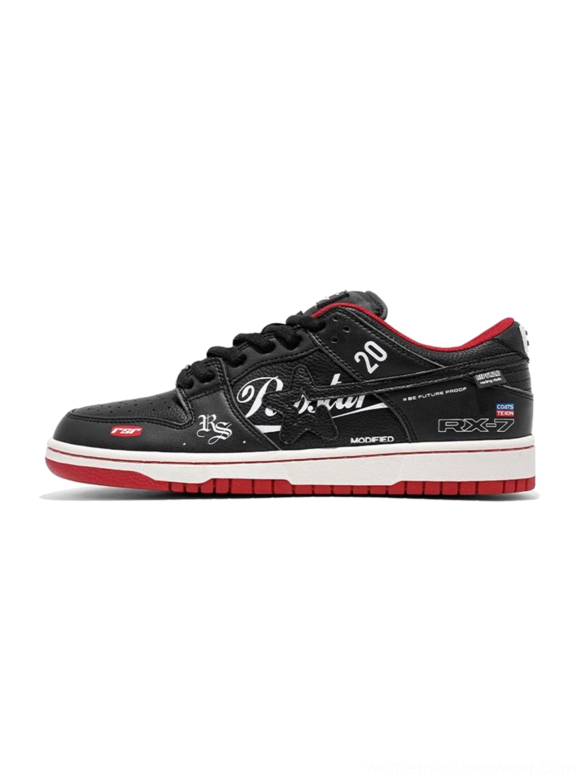Black Explosion Star Y2K low-top skate sneaker side profile with red outsole, white contrast panels, script graphics, and racing-inspired RX7 print details