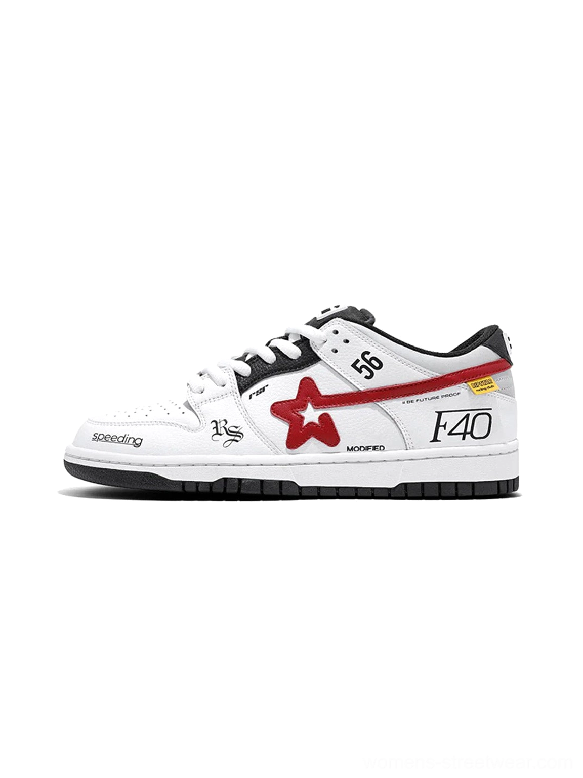 White and red Explosion Star Y2K low-top skate sneaker side profile with red star graphic, racing number prints, black trim, and black RIPSTAR outsole