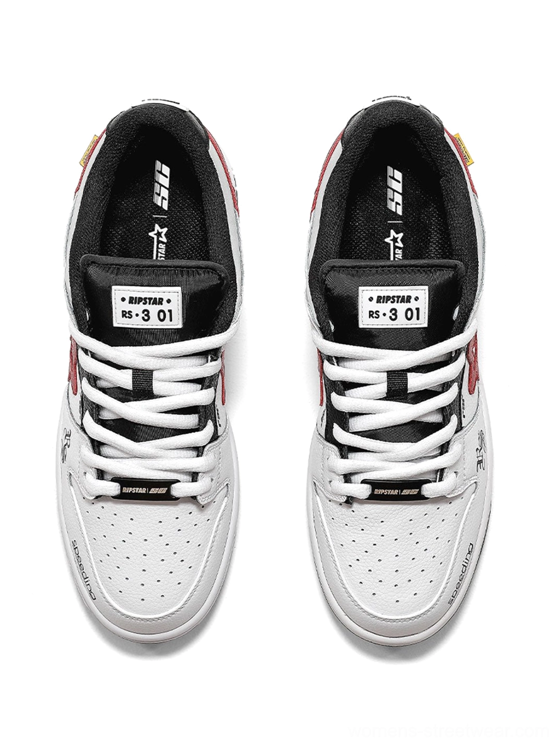 Top view of white Explosion Star Y2K low-top skate sneakers with perforated toe boxes, black lining, tongue graphics, red star logos, and black laces