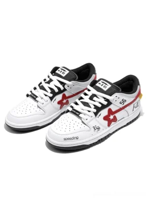 Pair of white Explosion Star low-top skate sneakers viewed from above with red star graphics, black outsoles, contrast laces, and Y2K racing-inspired details