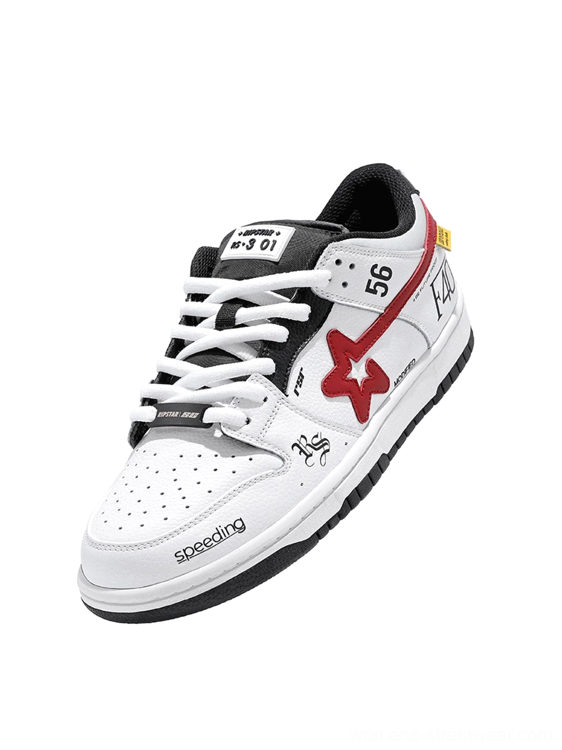 White Explosion Star Y2K skate sneaker front three-quarter view showing black laces, perforated toe box, red side star, and speeding graphic print