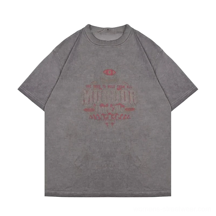Faded ash gray MORDOR graphic T-shirt with oversized drop shoulder silhouette for women’s alternative and Korean streetwear outfits