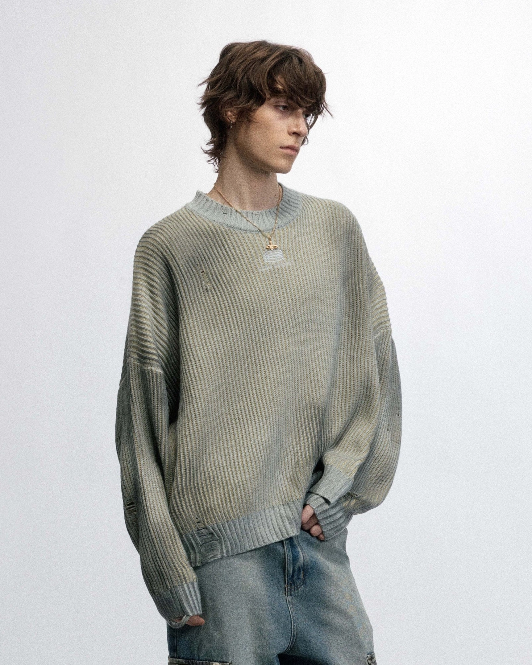 Faded black oversized ribbed logo sweater with distressed details for Y2K and Seoul streetwear outfits