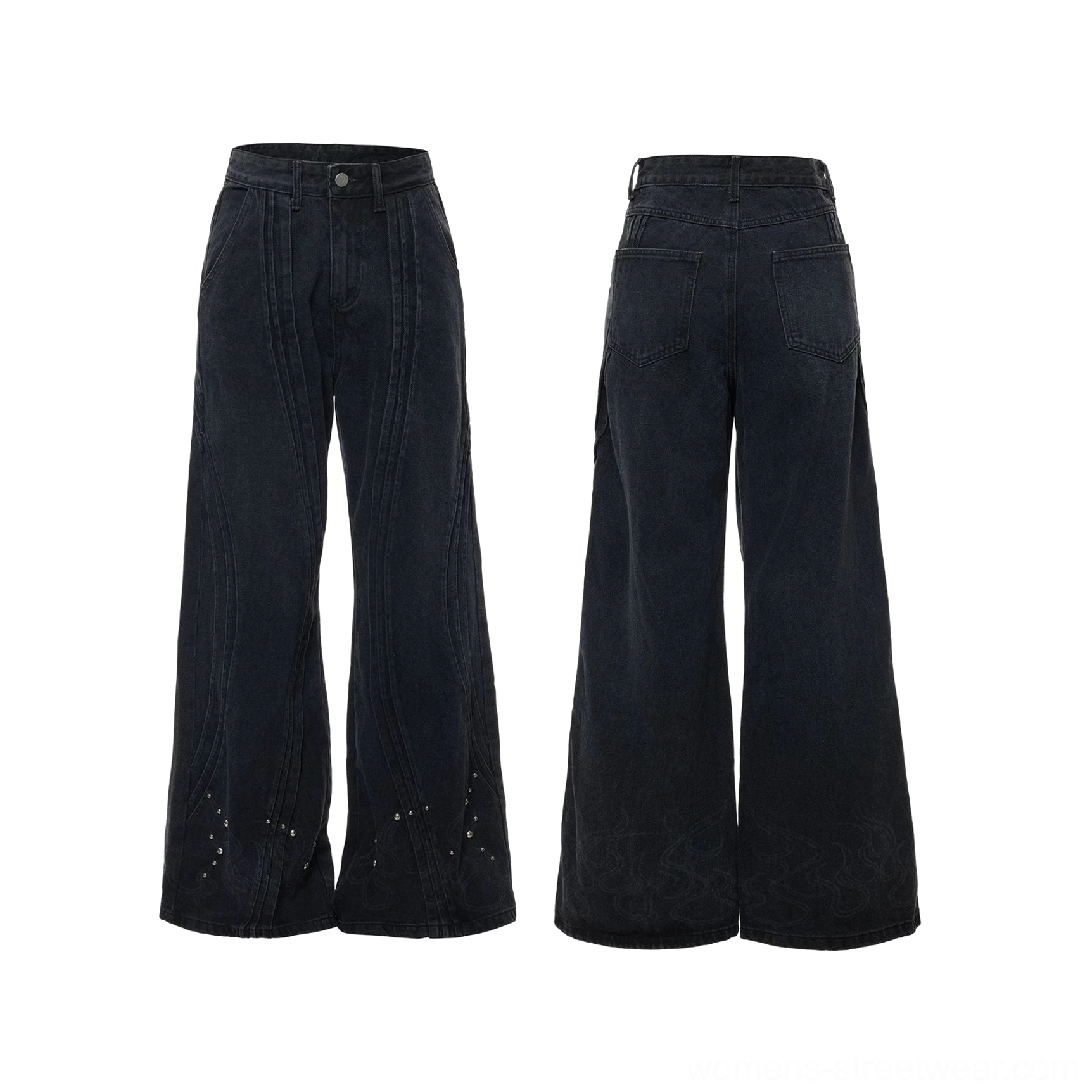 Flat lay front and back view of faded black studded wide-leg jeans with curved seam details, belt loops, classic pockets, and metallic lower-leg accents