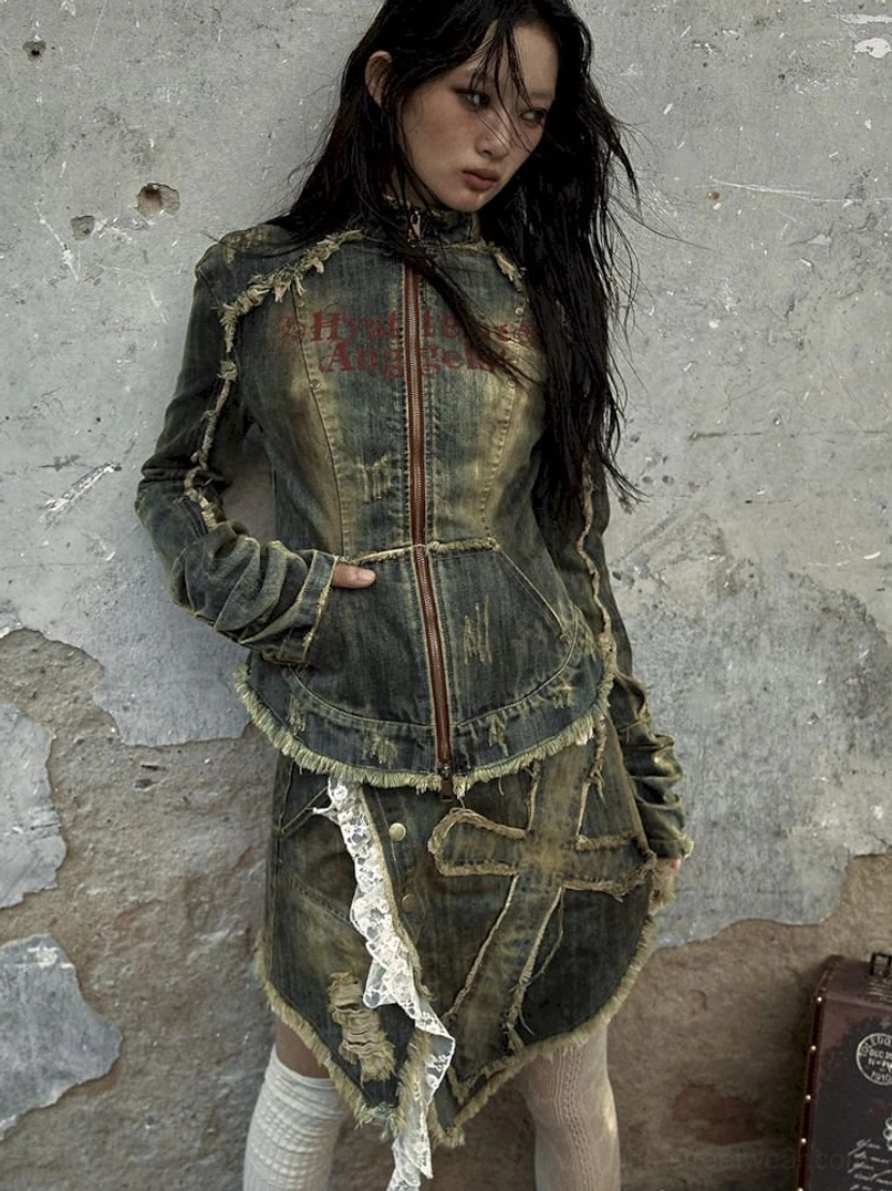 Faded blue denim corset jacket with frayed edges and fitted streetwear silhouette