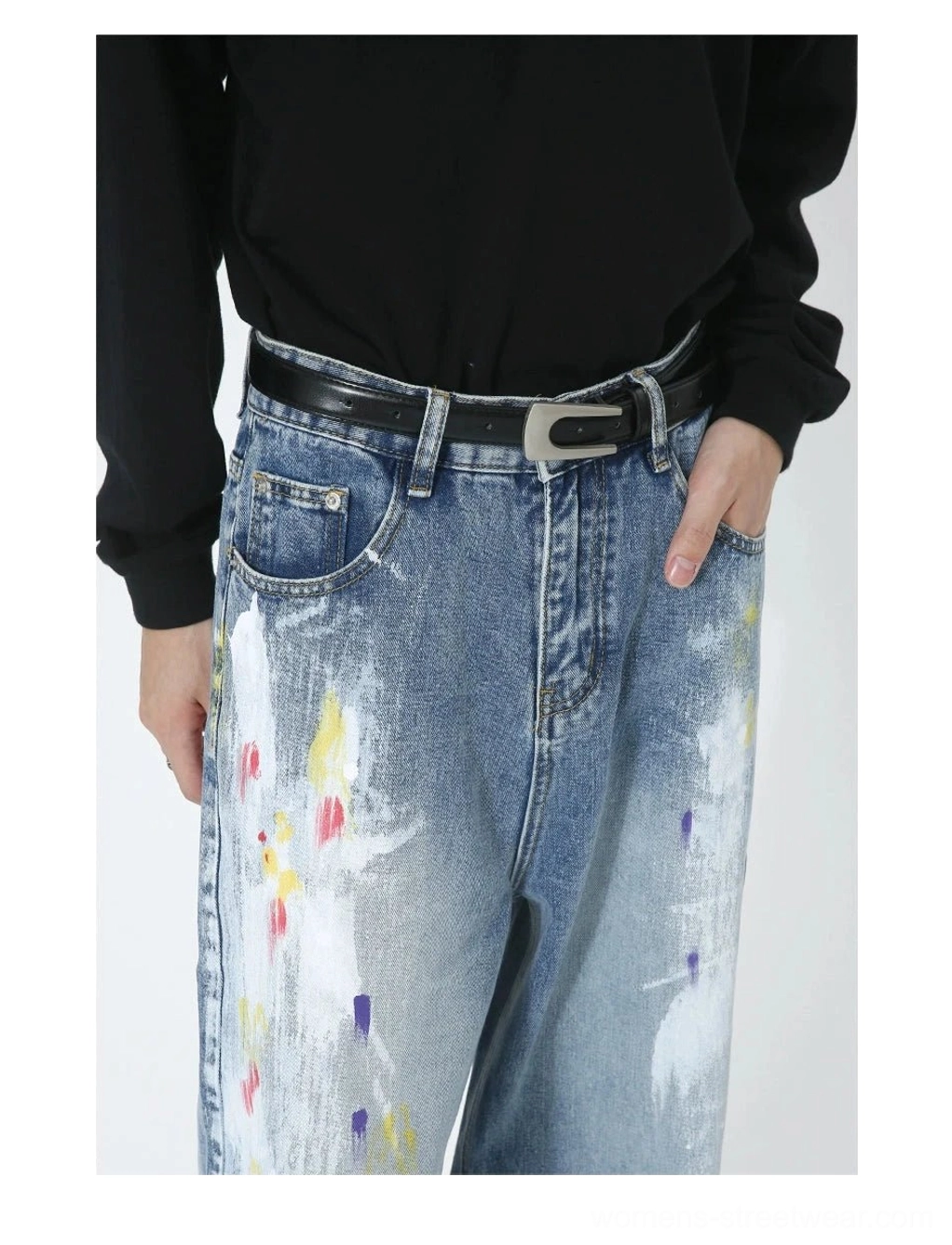Faded blue graffiti wide-leg jeans featuring artistic brush stroke panels, multicolor paint splatter and a relaxed full-length silhouette