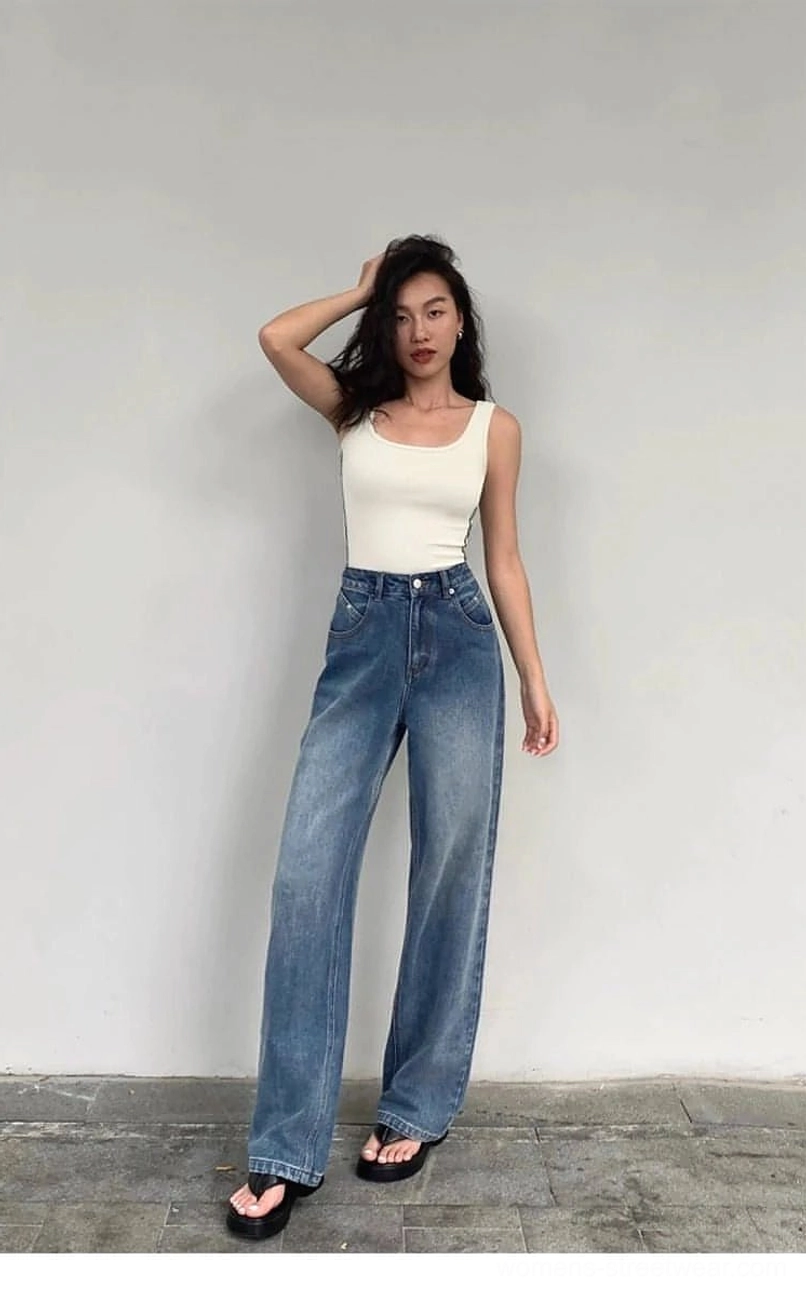 Faded blue high-waist wide-leg denim jeans suitable for Korean fashion, casual wear, and city styling