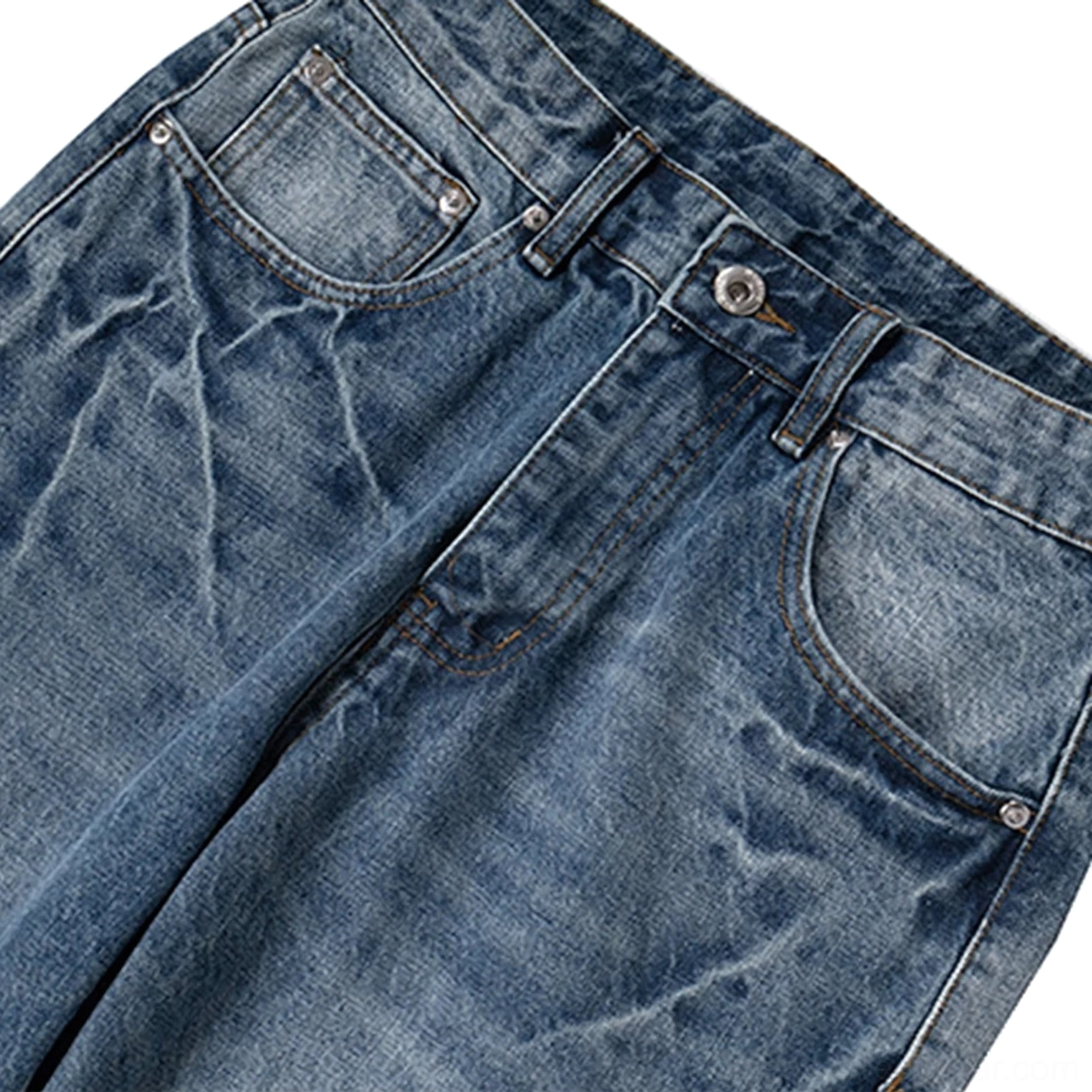 Close-up of faded blue wide-leg denim jeans front waist showing button fastening, belt loops, front pocket, and worn vintage wash