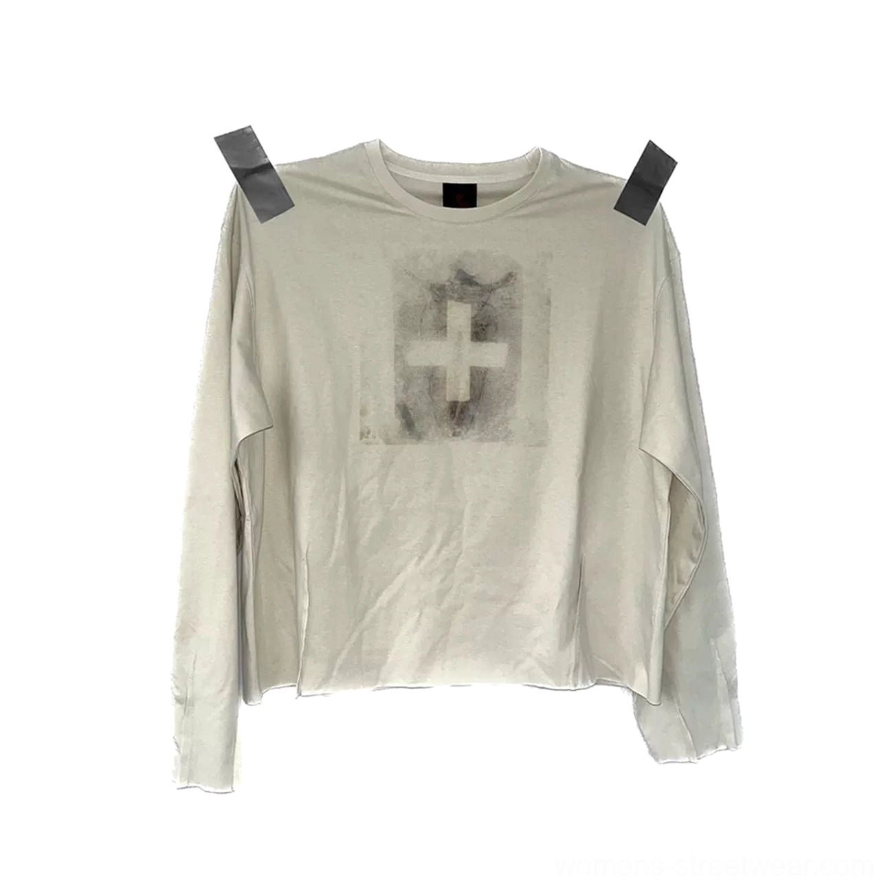 Flat lay front view of oatmeal gray distressed cotton long sleeve tee featuring faded tonal cross chest print and crew neck