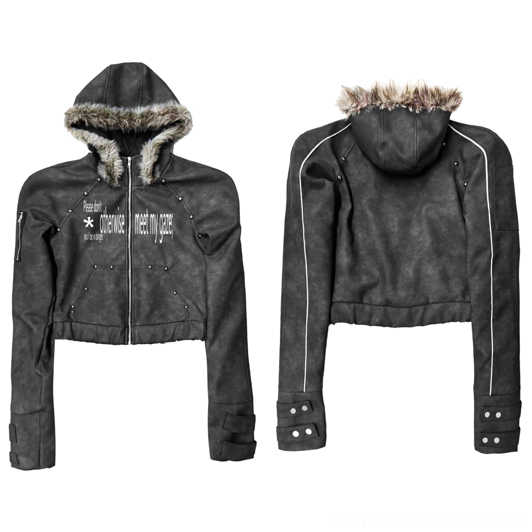 Front and back product display of a faded dark gray cropped PU jacket with brown faux fur hood trim and silver piping