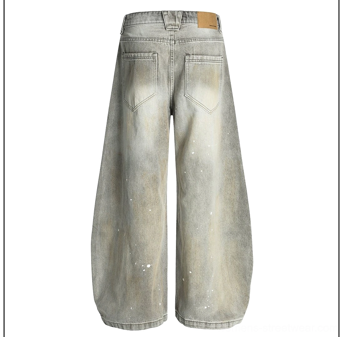 Flat lay back view of faded gray paint splatter wide leg denim jeans with leather waistband patch