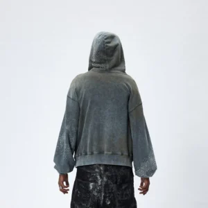 Back view of faded grey starlight crystal zip hoodie showing relaxed hood and vintage washed streetwear fabric