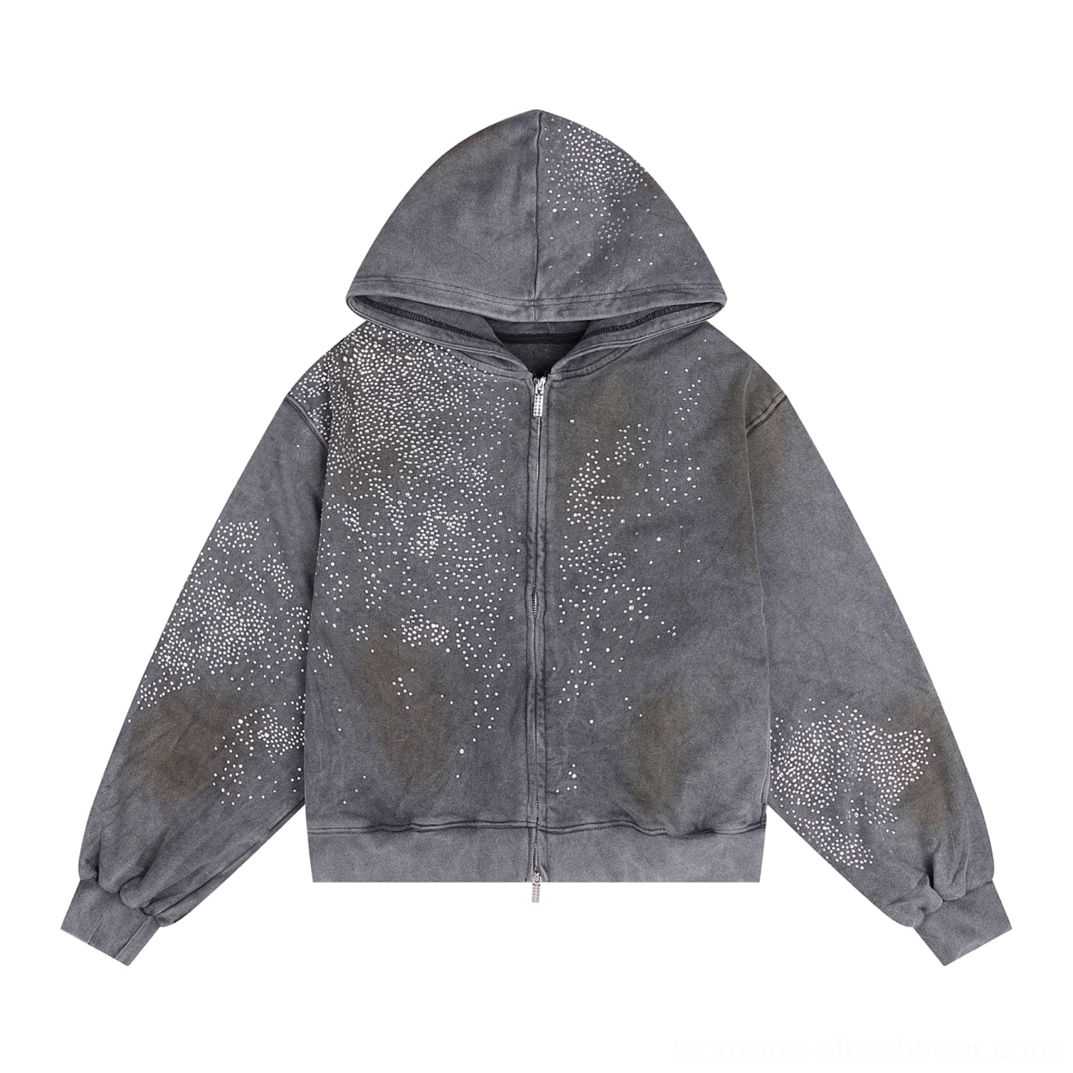 Faded grey starlight crystal zip hoodie product image featuring vintage wash and celestial rhinestone styling