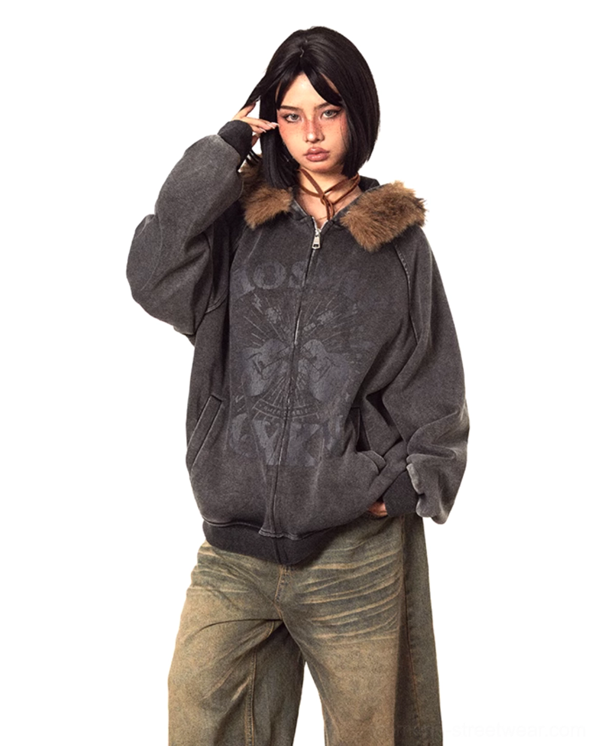 Faded grey vintage faux fur trim hooded streetwear jacket with chest graphic, oversized fit, and relaxed denim styling