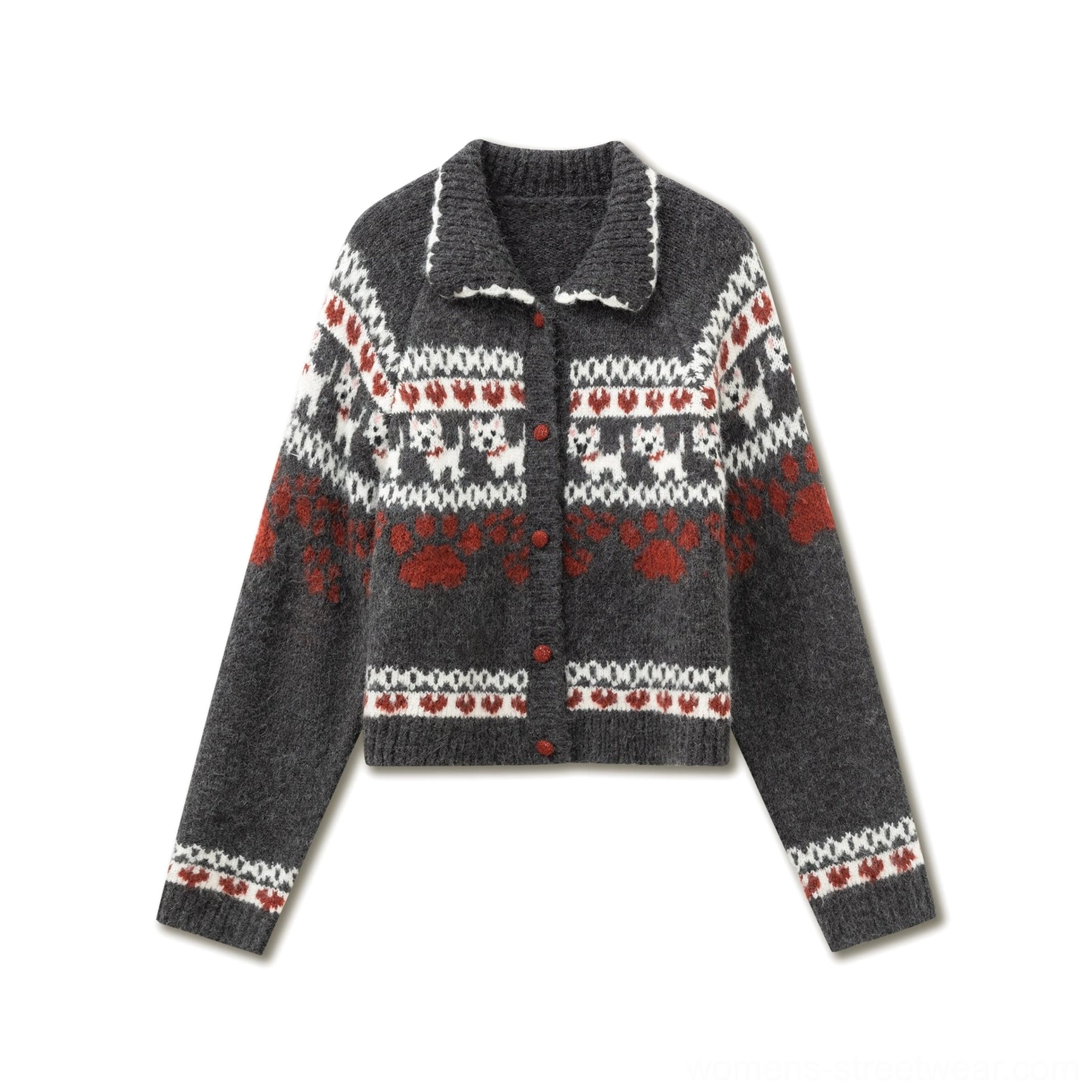 Fair Isle knit cat heart cardigan and matching mini skirt set in dark charcoal winter streetwear style