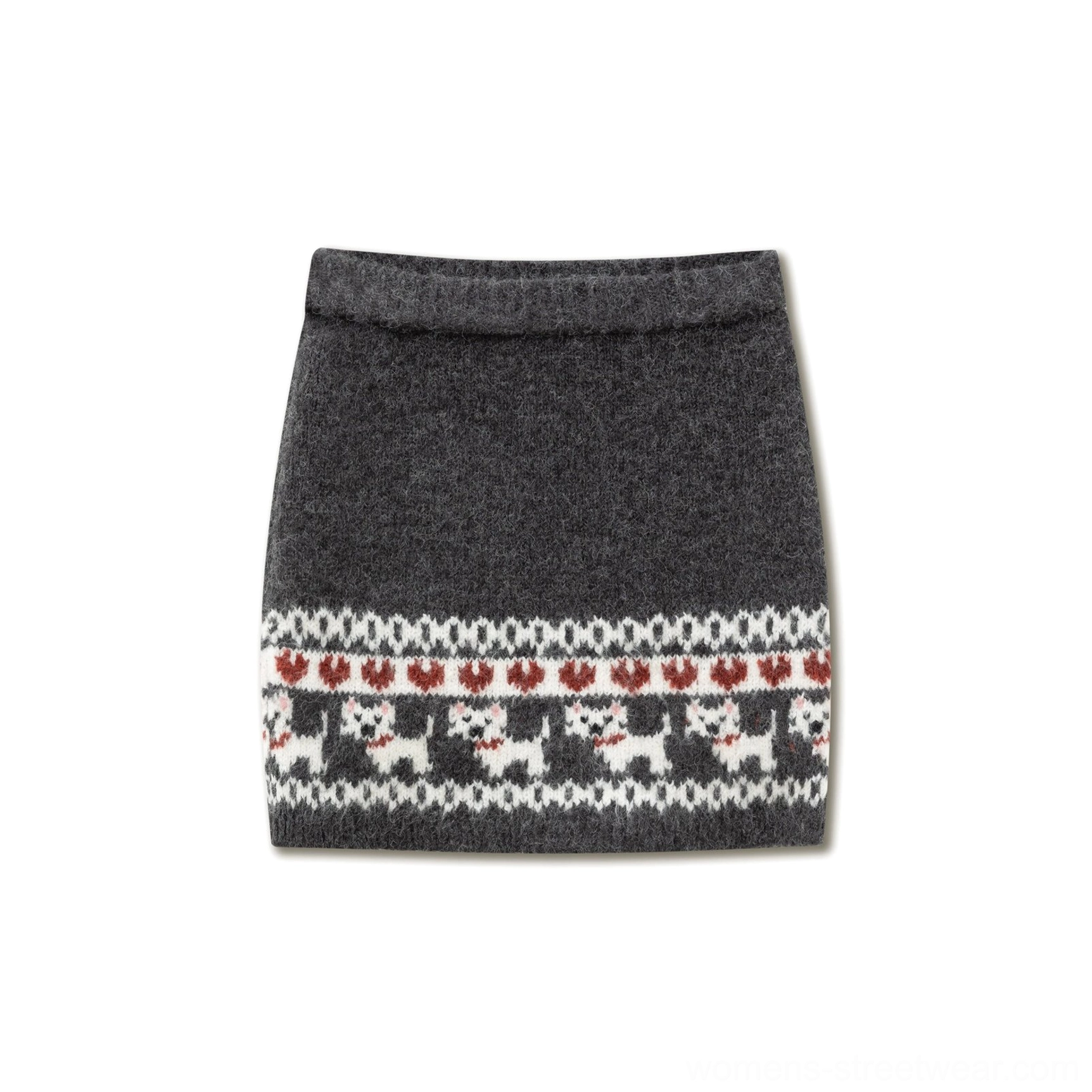 Fair Isle knit cat heart mini skirt and coordinating cardigan outfit with cozy Korean streetwear styling