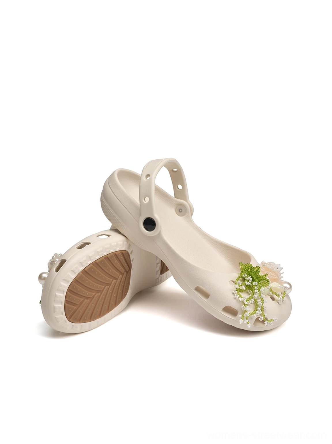 Fashion-forward beige Mary Jane slide sandals for women featuring open construction breathable holes and playful pearl floral embellishments