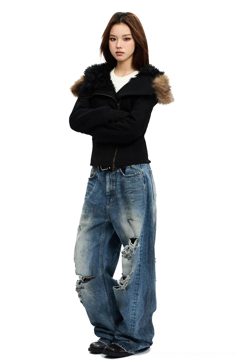 Fashion streetwear hoodie with cropped fit, plush faux-fur hood trim, thumbhole cuffs, and versatile layered styling